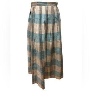 70s ELIZABETH FROST LINEN BLEND CREAM BLUE & GRAY PLAID PLEAT MIDI SKIRT SZ S